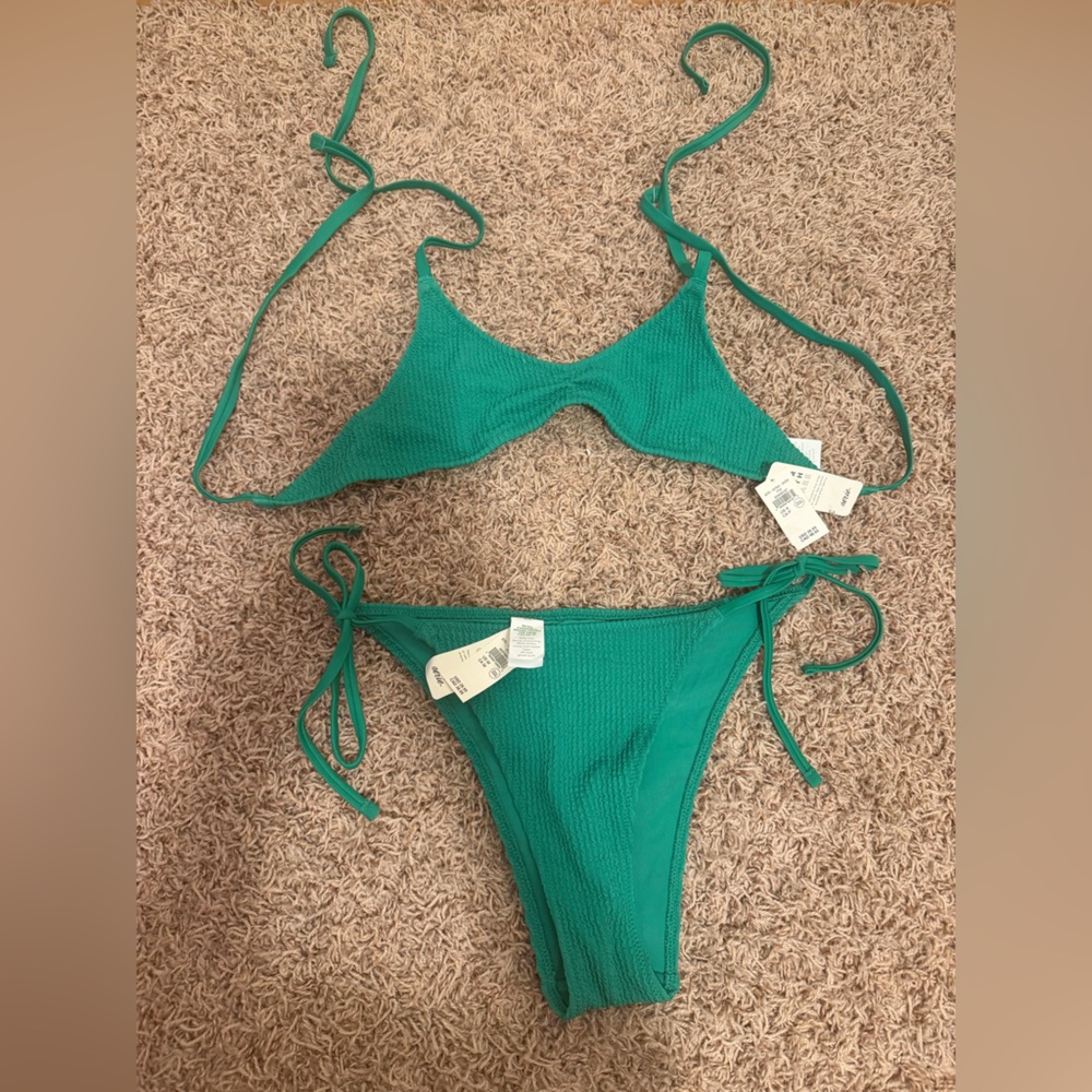 Aerie Women’s Green Textured Tie Bikini Set - Unbranded
